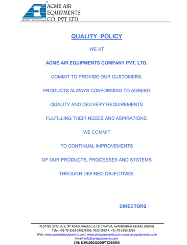 ISO 9001:2015 Quality Policy certificate